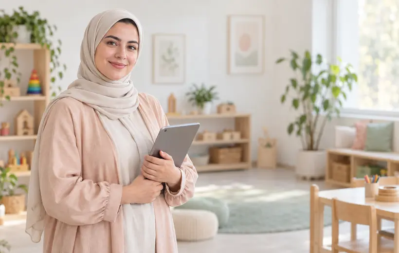 مربی با تبلت در فضای آموزشی