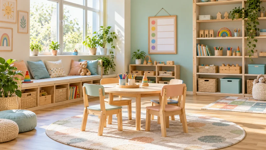 فضای آرام خانه بازی با میز فعالیت و صندلیهای کودک برای برنامهریزی همکاری مربی